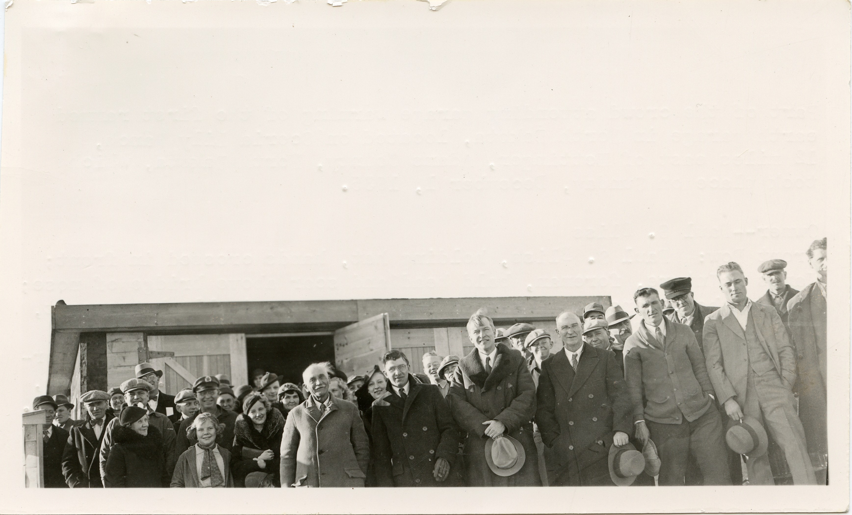 Crowd gathered for the garage warming at Scoria Lily Ranch, c. 1936