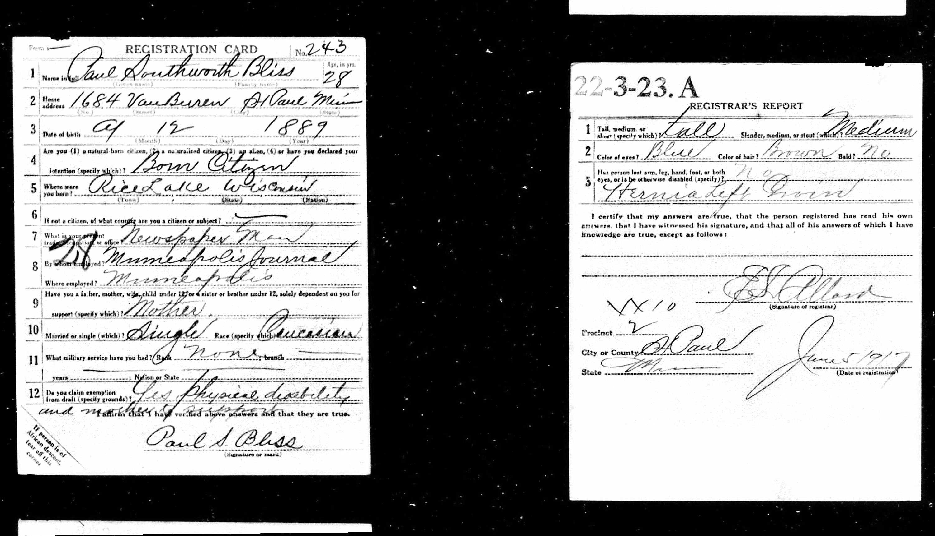 Paul Southworth Bliss World War I draft registration card, No. 243, June 1917, St. Paul, Minnesota.