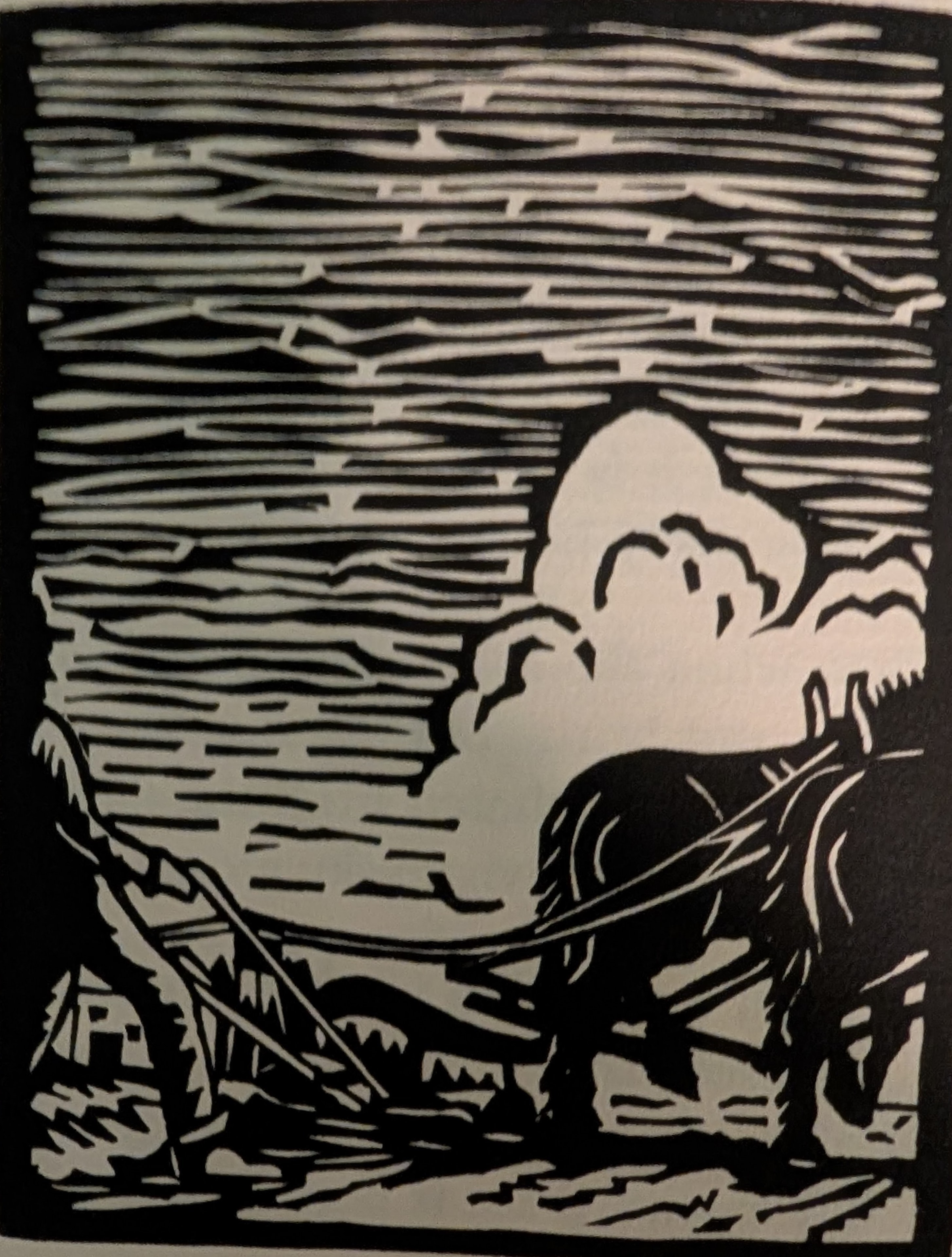 Black and white woodblock print by Harold J. Matthews depicting a horse-drawn plow cutting a furrow under a dramatic sky of horizontal lines with a billowing cloud.
