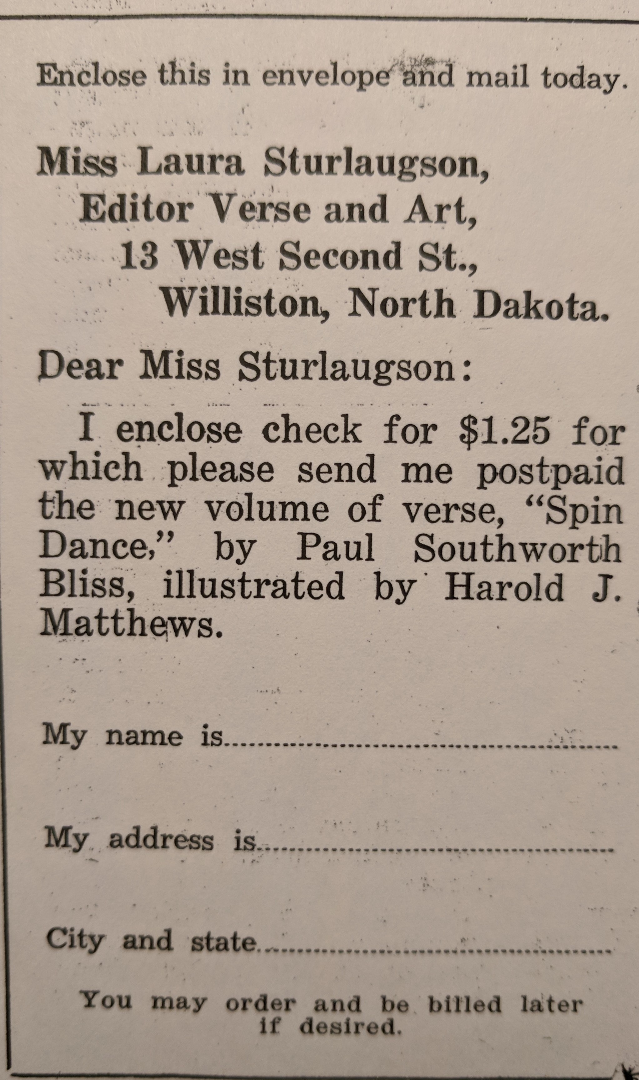 Mail-order form for Spin Dance by Paul Southworth Bliss, addressed to Miss Laura Sturlaugson, Editor Verse and Art, Williston, North Dakota. $1.25 postpaid.