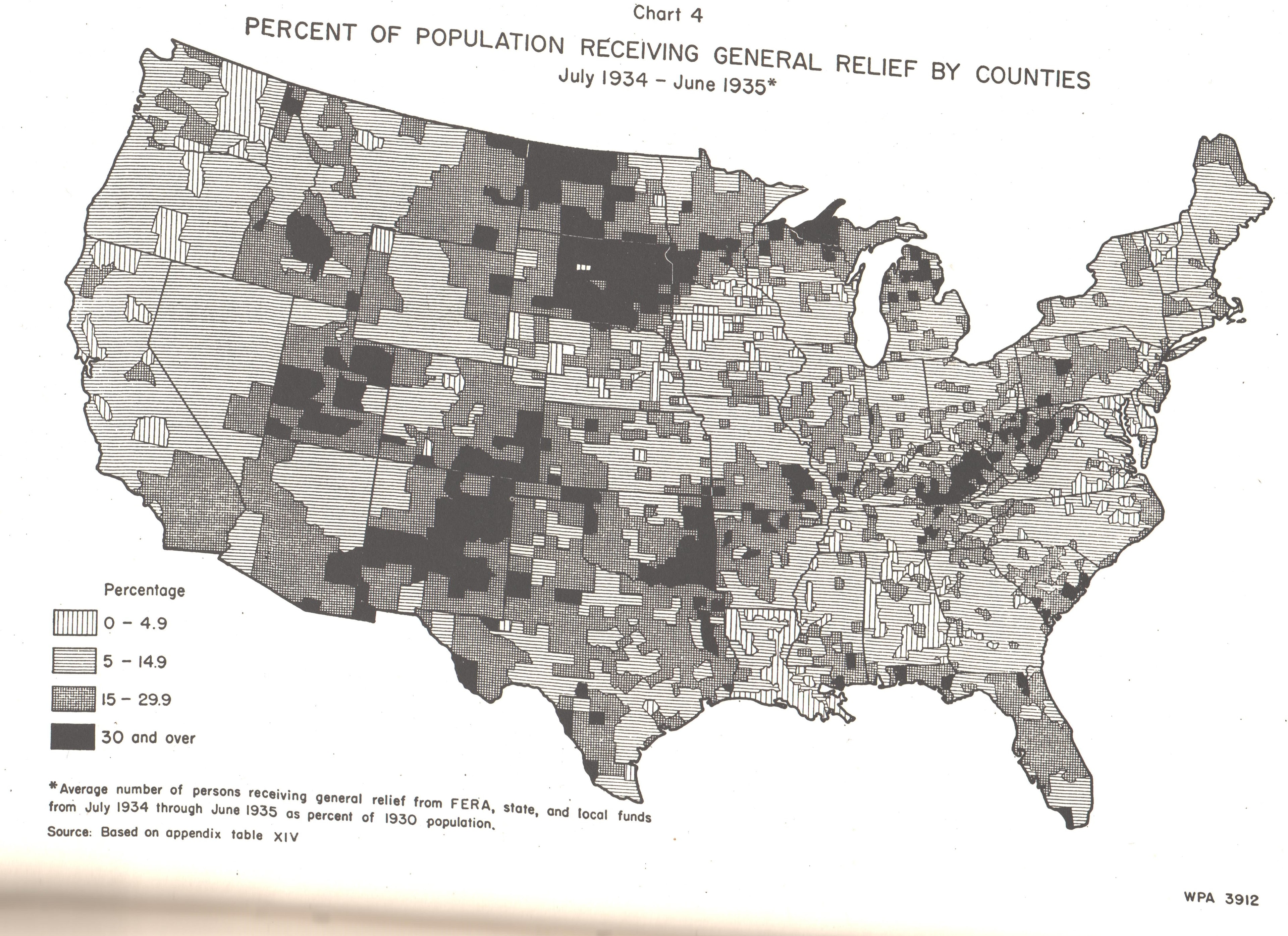 Chart 4: Percent of Population Receiving General Relief by Counties, July 1934–June 1935. WPA 3912.