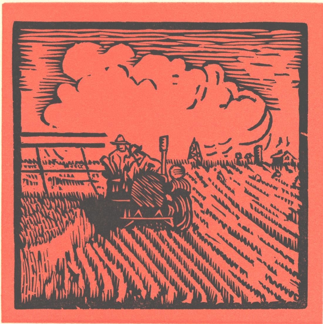 Color woodblock print by Harold J. Matthews depicting a farmer on a tractor harvesting wheat fields under a dramatic cloudy sky.